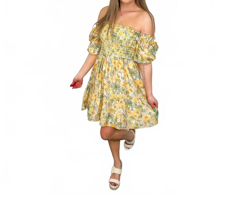 NEW ROKOKO spinning through wildflowers off shoulder mini dress in yellow